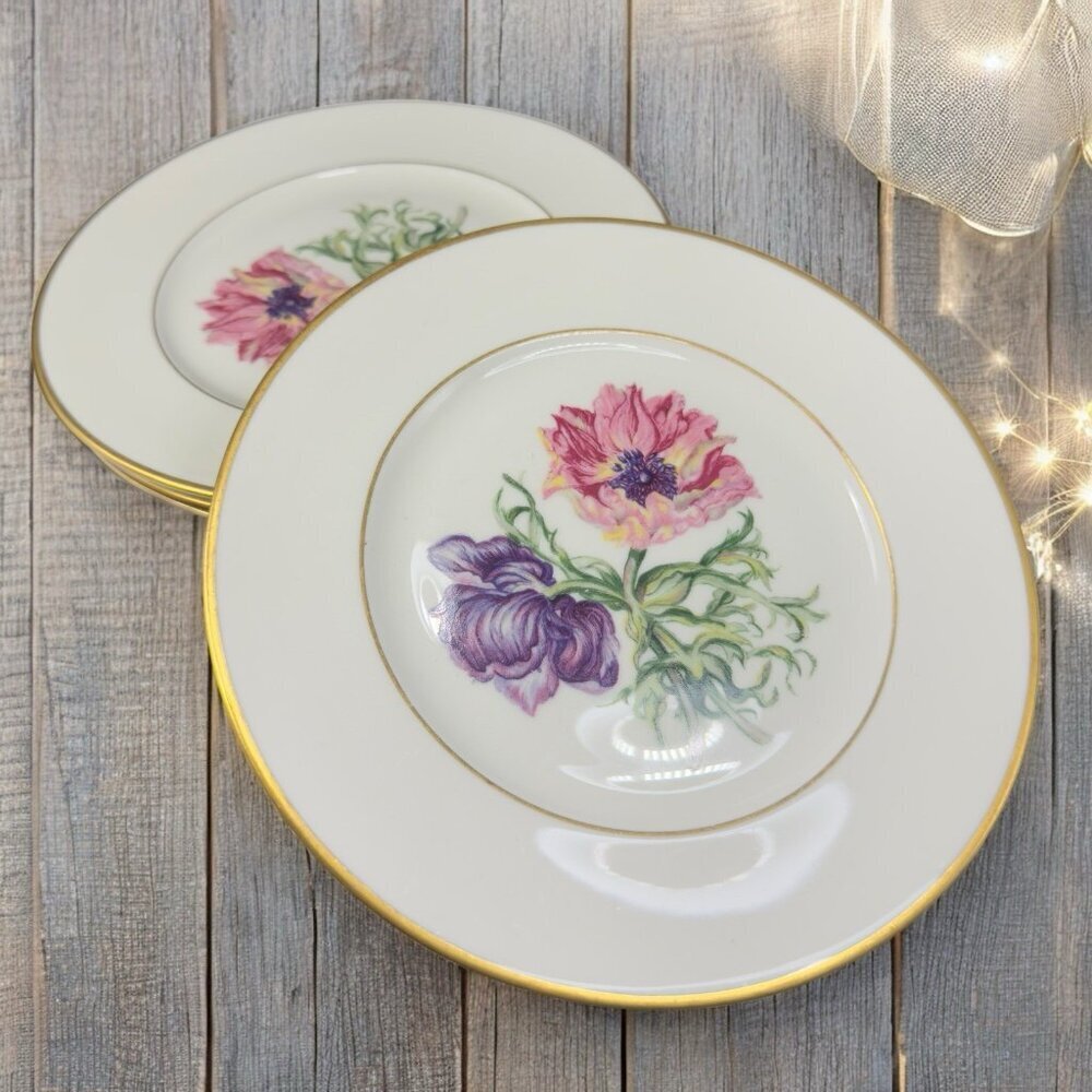 Lamberton Ivory China Round 7.5inch Plate Dish Set 4 Floral Gold Trim Plates USA